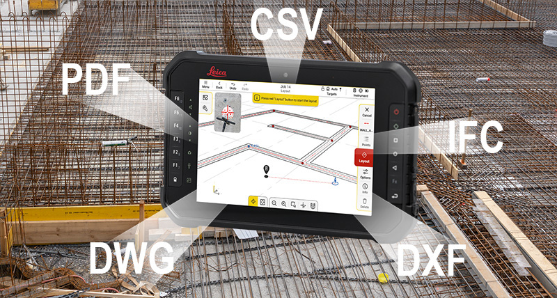 Leica iCON trades software for layout showing supported file formats of PDF, CSV, IFC, DXF, and DWG.